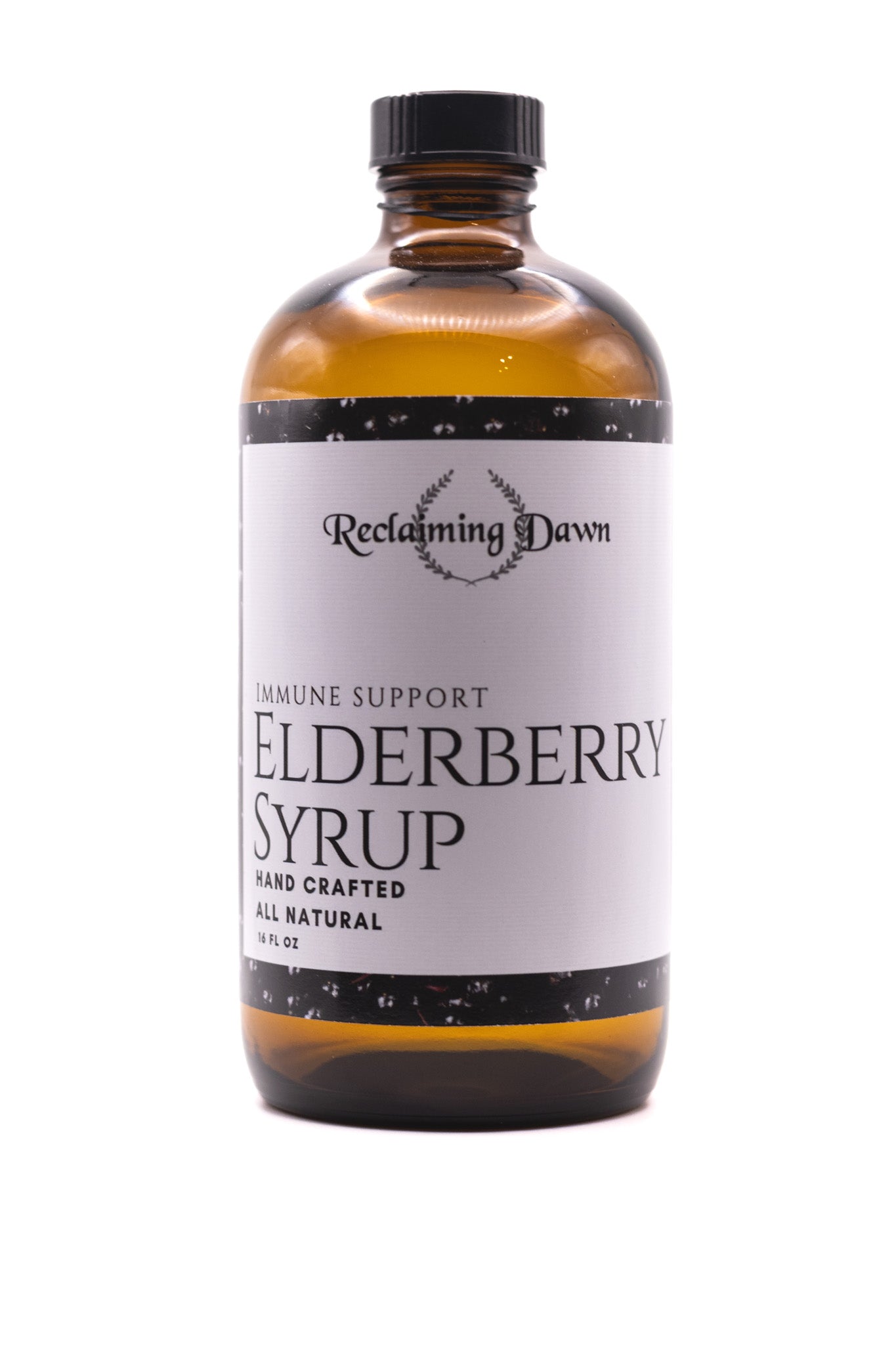 Bottle of Reclamimg Dawn Elderberry Syrup on a white background