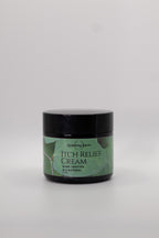 Jar of itch relief cream with green label on a white background