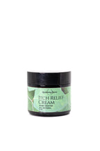 Jar of itch relief cream with green label on a white background